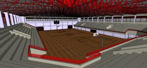 Vista de la cancha con piso parquet que se proyecta con el nuevo Polideportivo Municipal de San Lorenzo