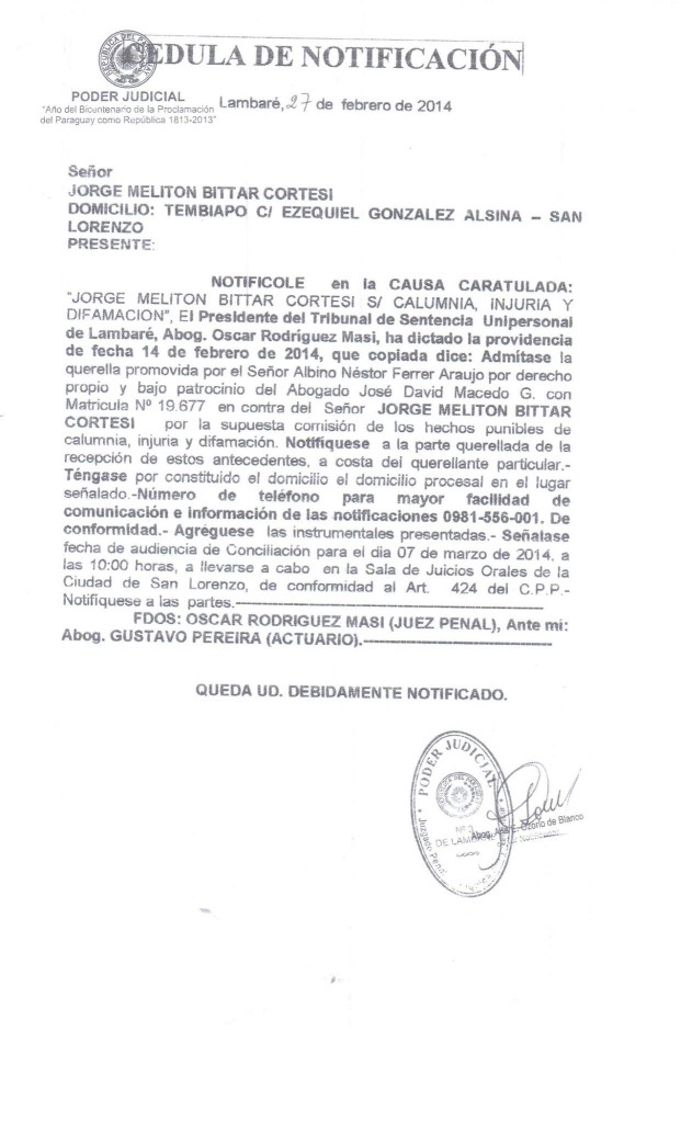 “Desconozco el texto de la querella, ya que solo recibí la notificación para una audiencia de conciliación", dijo Meliton Bittar